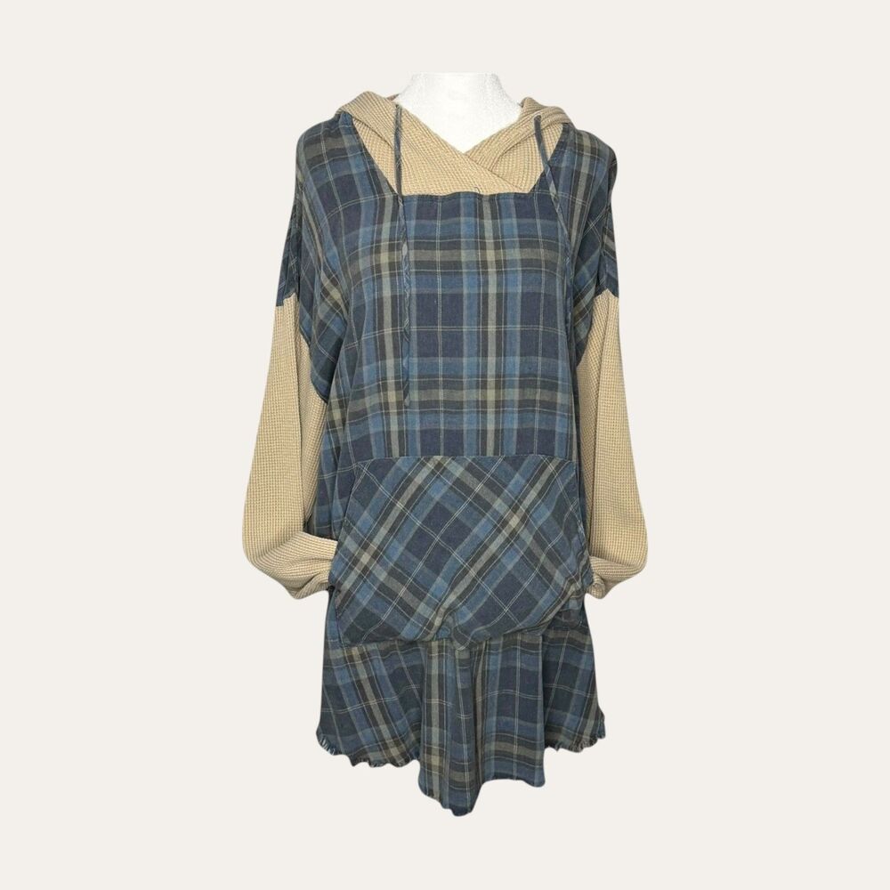Oli & Hali Mixed Media Plaid Waffle Knit Hooded Tunic Dress Womens L Good Blue